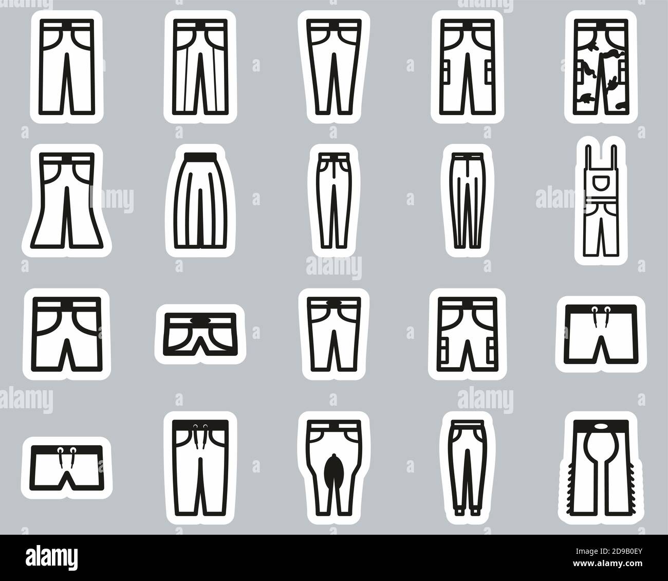 Pants Long & Short Icons Black & White Sticker Set Big Stock Vector