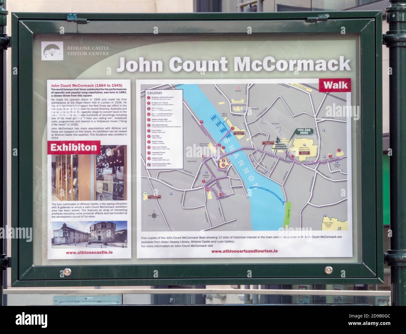 Public information board for tourist in the town of Athlone, Co Westmeath Ireland about John Count McCormack. Stock Photo