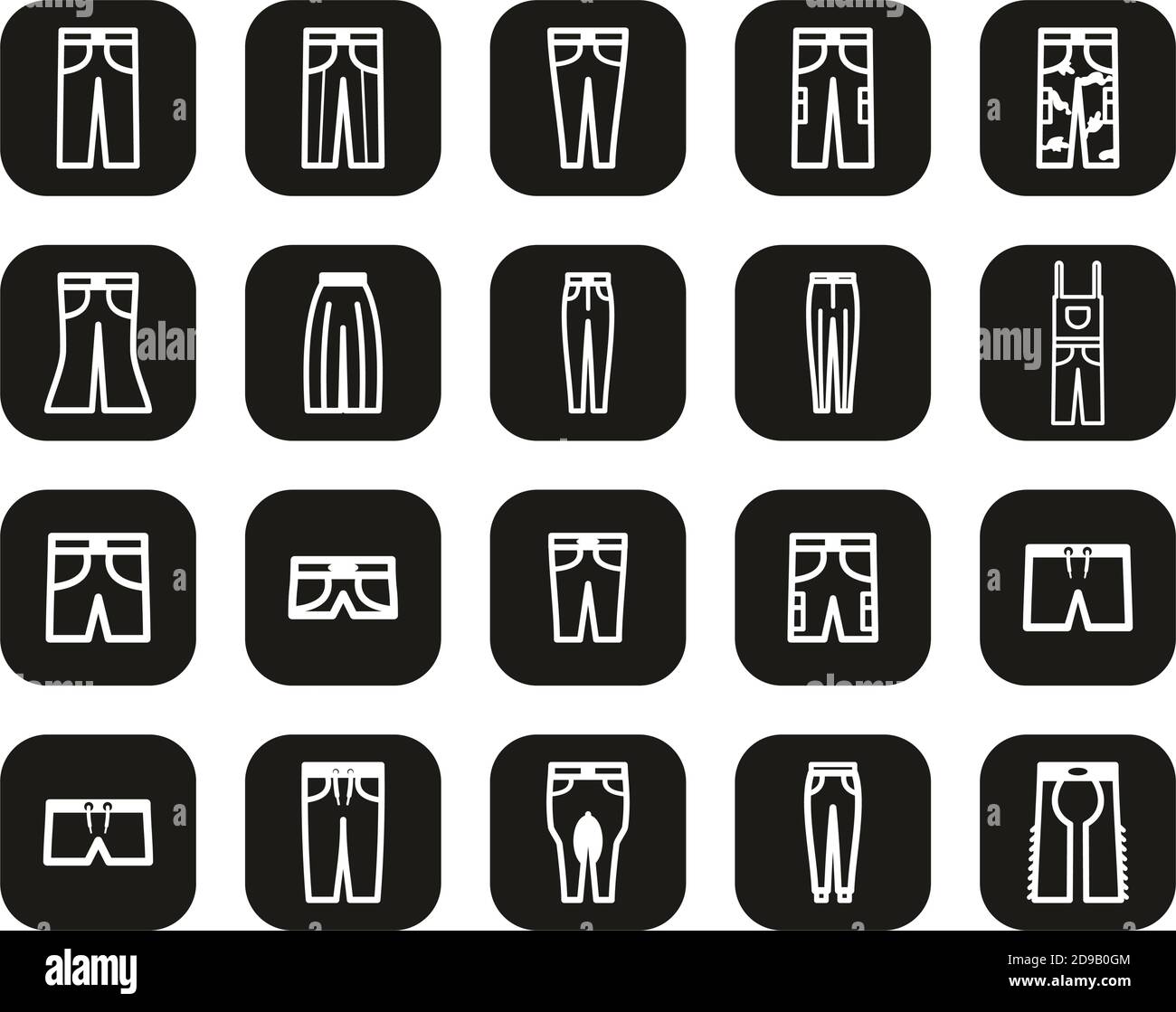 Pants Long & Short Icons White On Black Flat Design Set Big Stock Vector