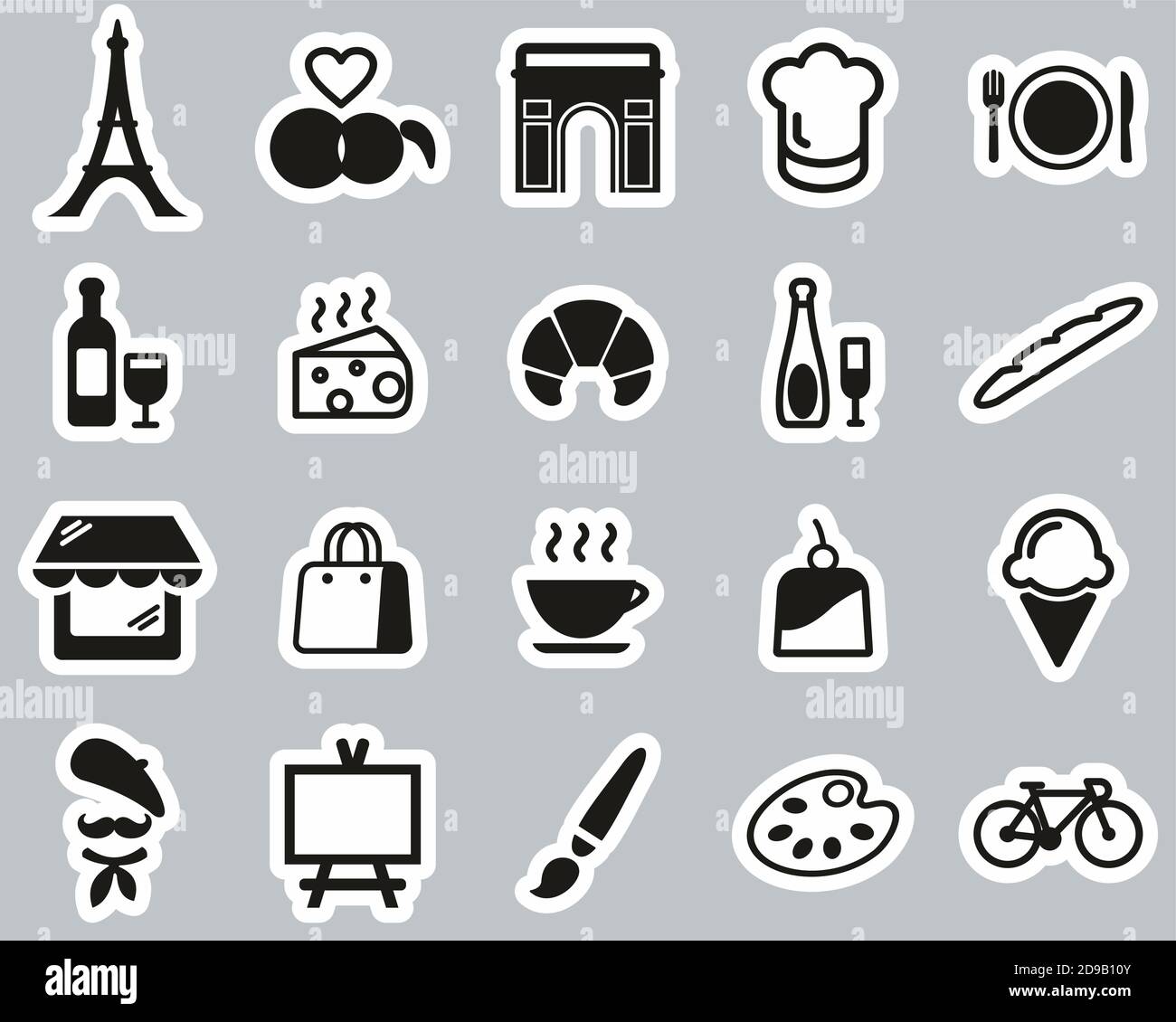 Paris City & Culture Icons Black & White Sticker Set Big Stock Vector