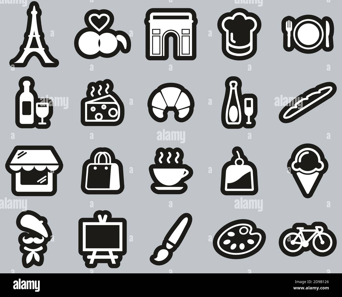 Paris City & Culture Icons White On Black Sticker Set Big Stock Vector