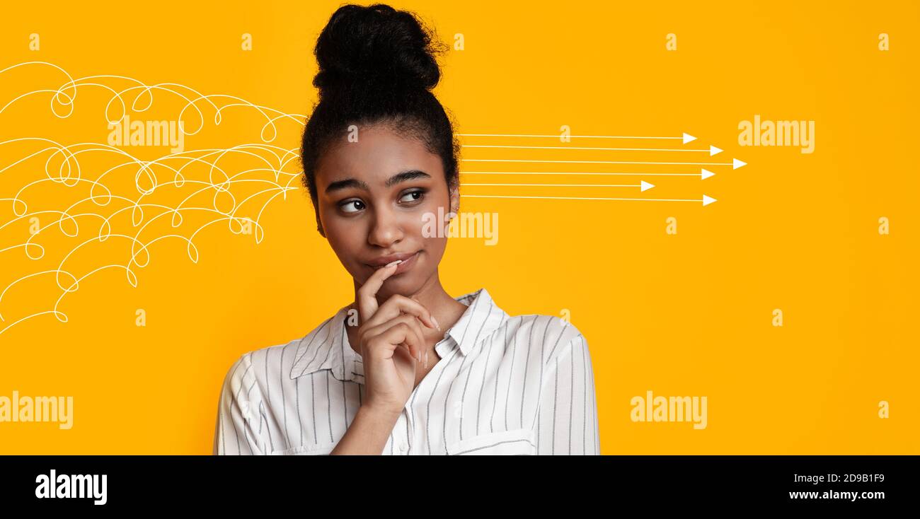 Collage with young black woman arranging her chaotic thoughts on orange background, panorama. Copy space Stock Photo