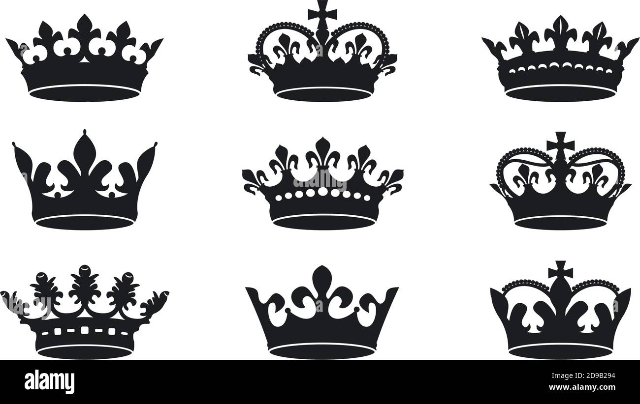 A set of black vector king crowns icon on white background. Vector Illustration. Emblem, icon and Royal symbols. Stock Vector