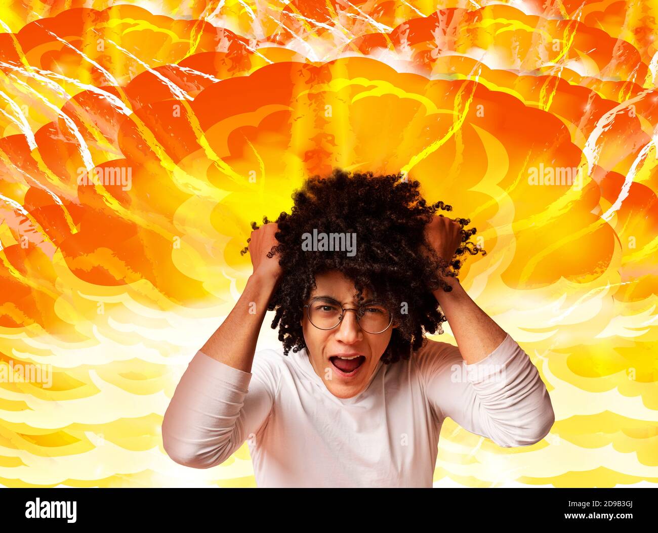 Emotional African American guy pulling his hair in anger and screaming on explosion background