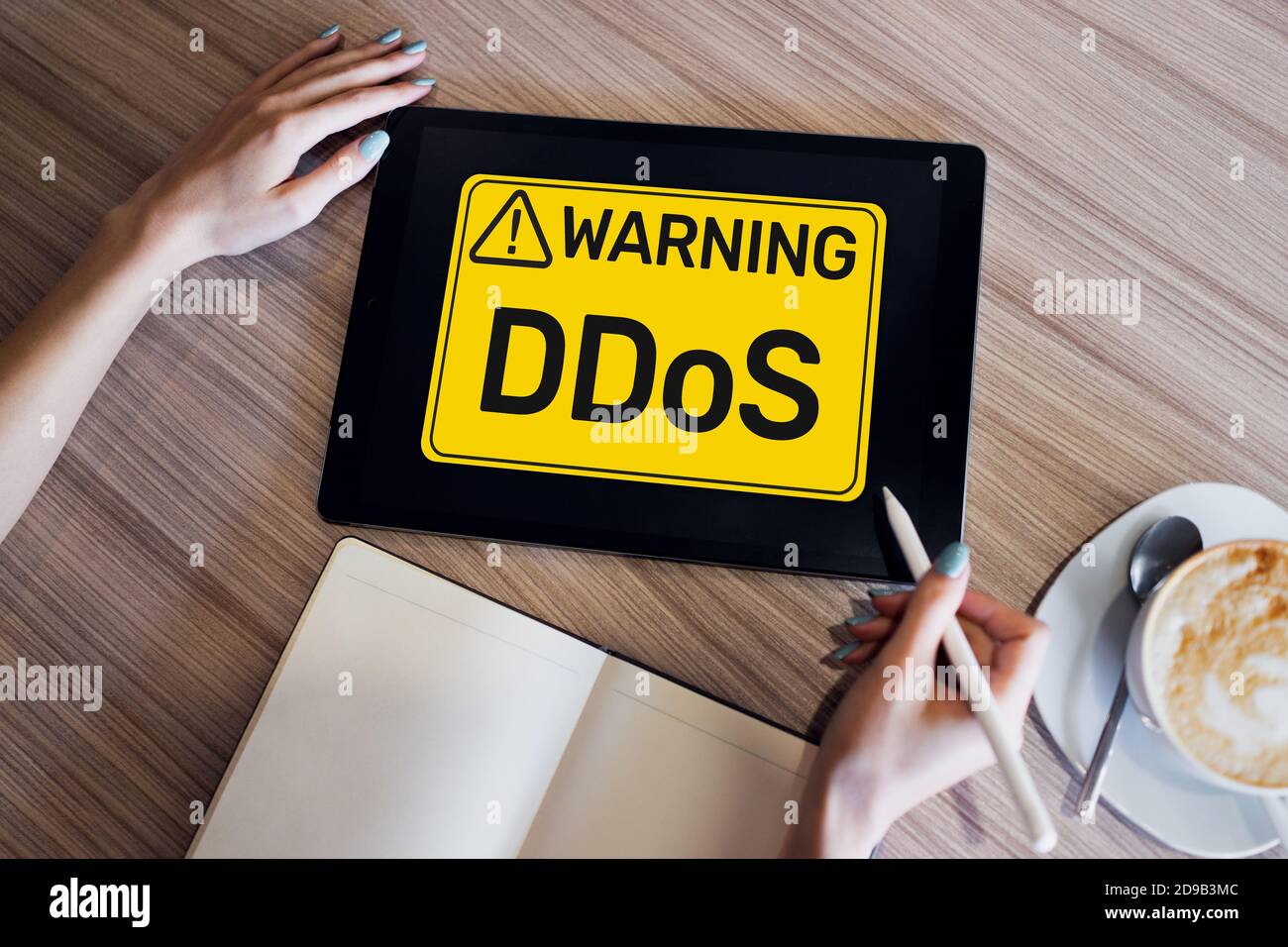 DDoS attack detection message. Virus and Hacking. Cyber security and internet concept Stock Photo