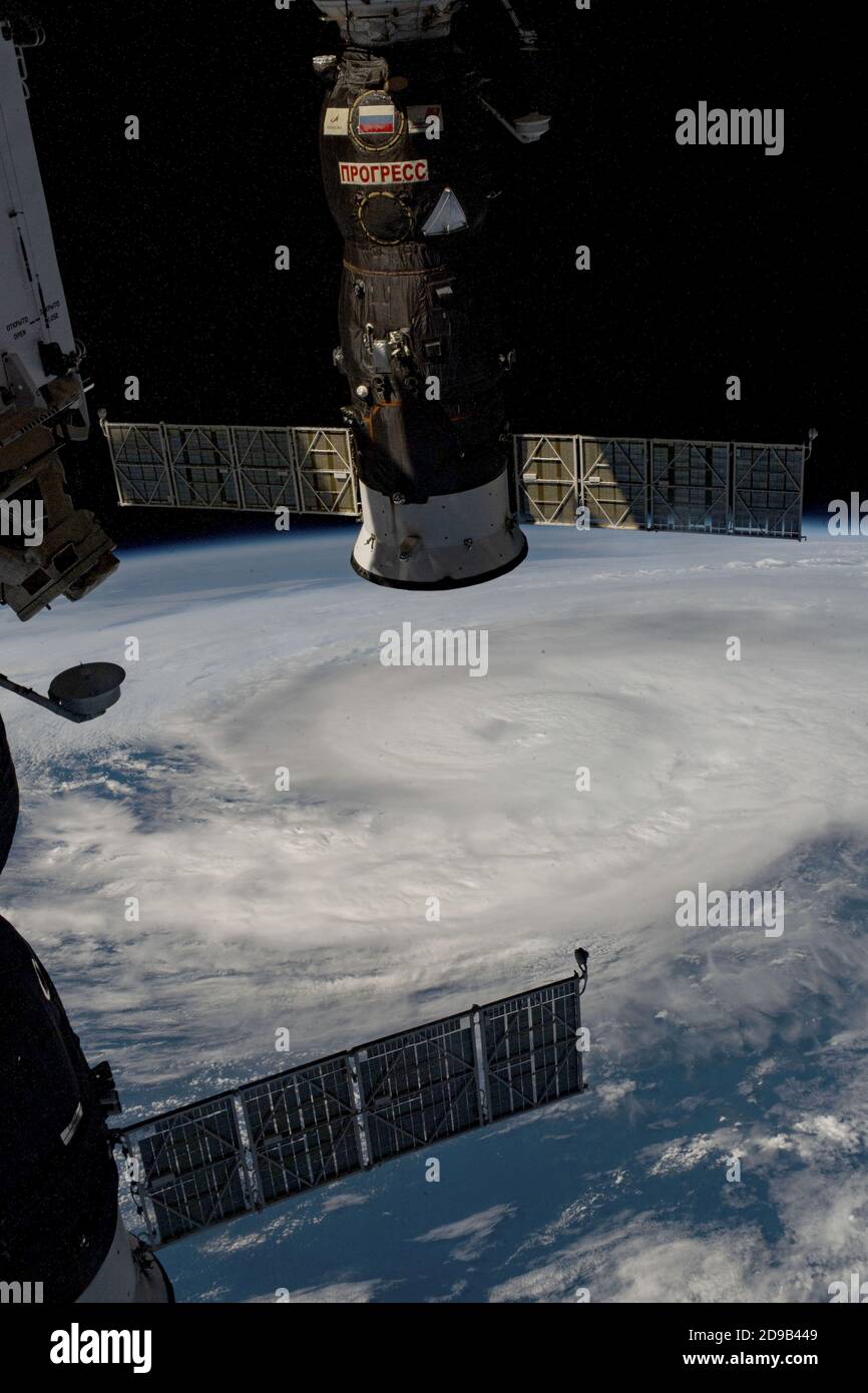 NORTH ATLANTIC OCEAN - 28 October 2020 - Hurricane Zeta was pictured from the International Space Station as the Category 2 storm churned in the Gulf Stock Photo