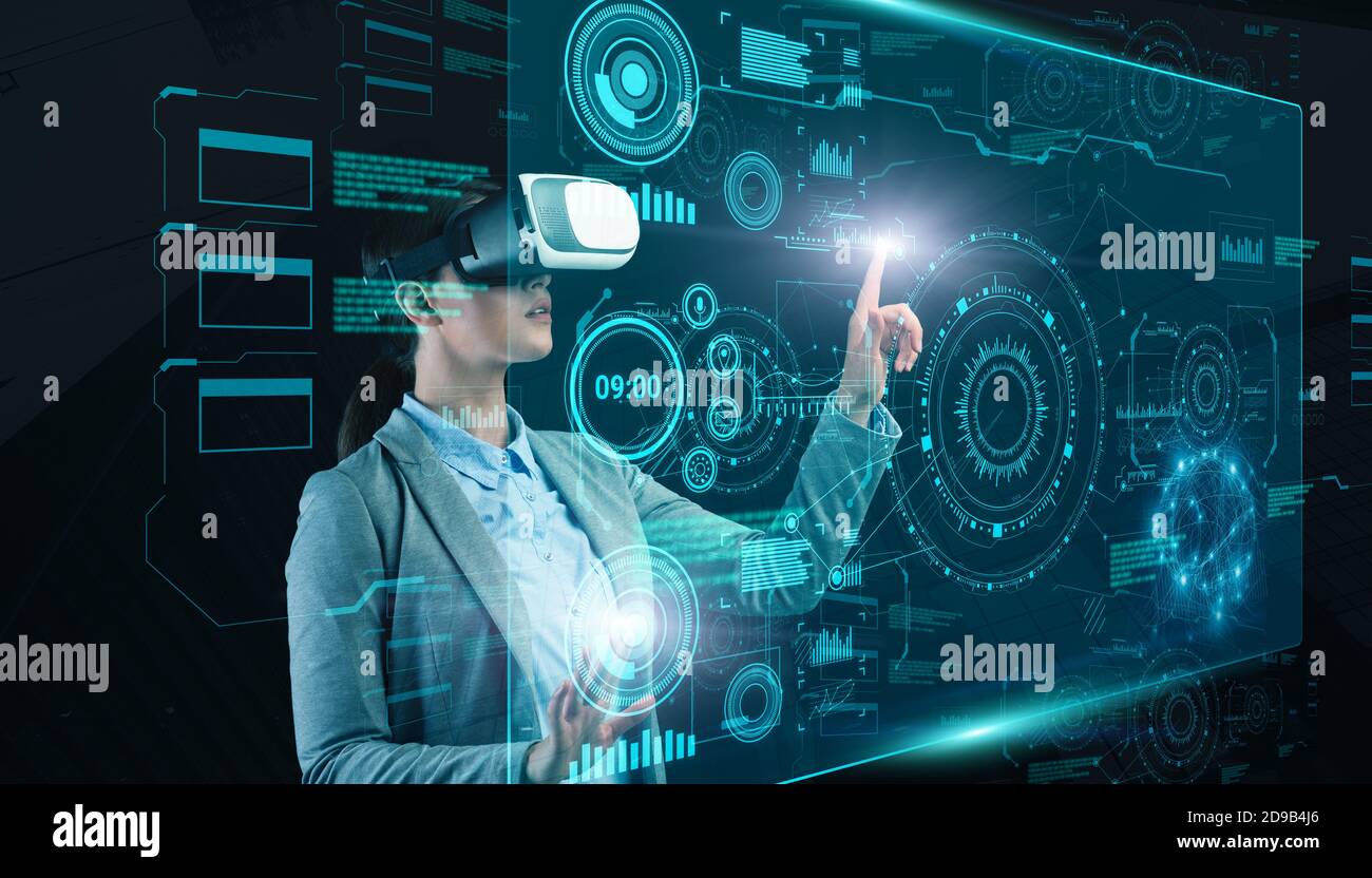 Virtual Button Female entrepreneur in VR headset pressing button on virtual GUI panel ...