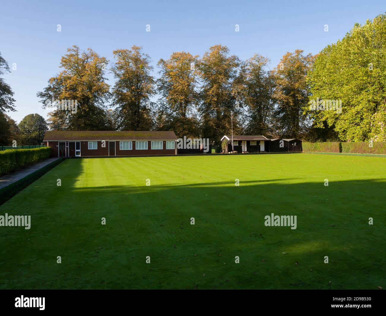 City of Wells Bowls Club at the recreation ground in Wells, Somerset, England. Stock Photo
