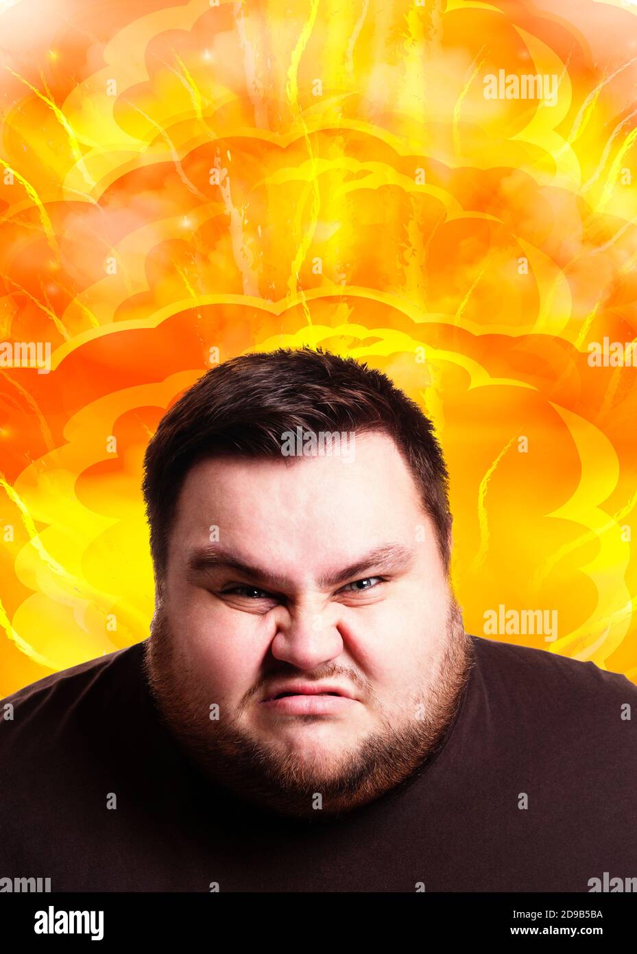 Angry fat guy having his mind explode from fatigue or work overload, collage Stock Photo