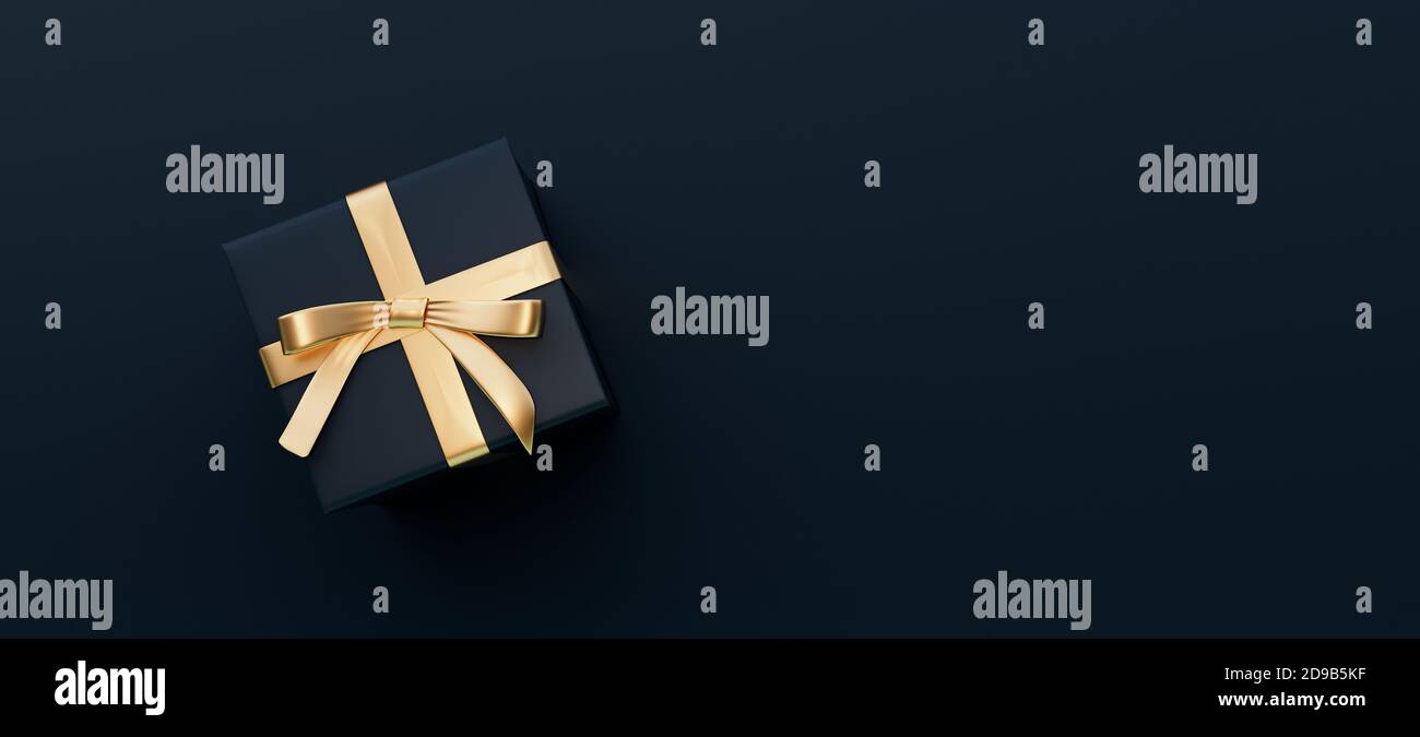 Black gift box with golden bow on black background 3D Rendering Stock Photo