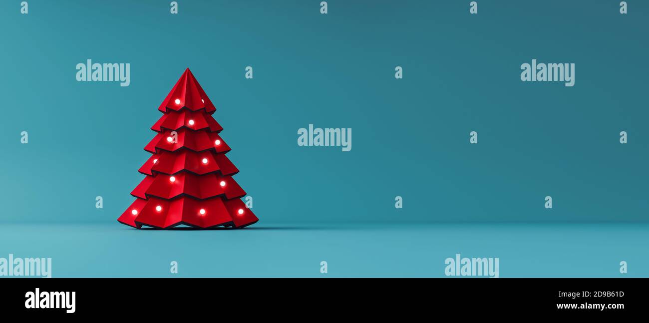 Red paper Christmas tree decorated with lights on blue background 3D Rendering Stock Photo