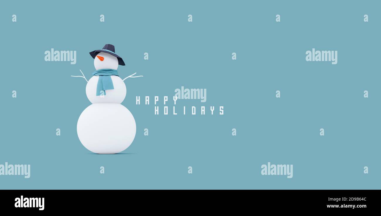 White Snowman with scarf and black hat on blue background 3D Rendering Stock Photo