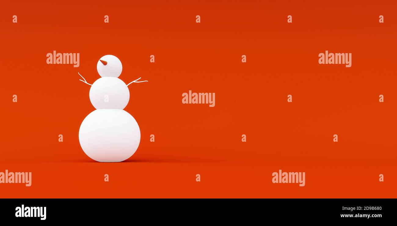 Simple white Snowman on lush orange background 3D Rendering Stock Photo