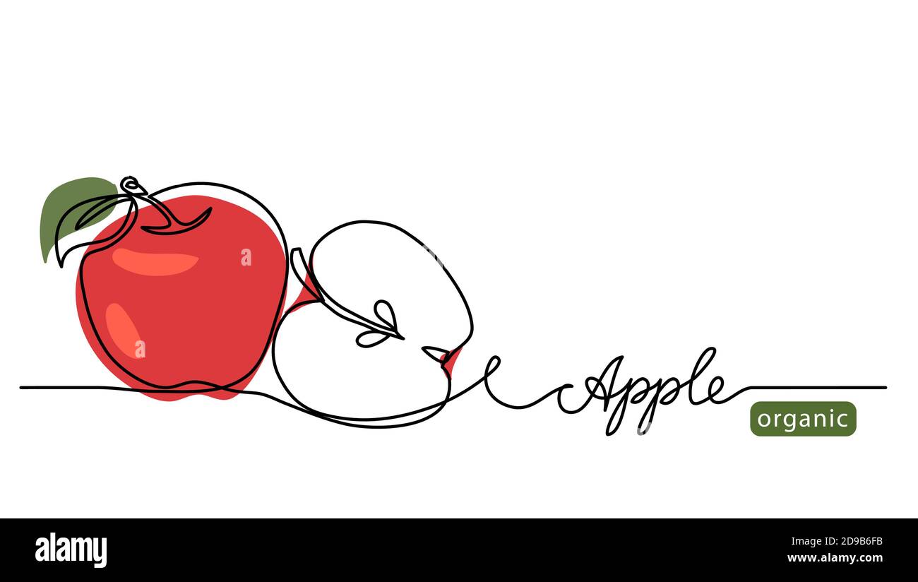 Red apple vector illustration. One continuous line drawing art illustration with lettering organic apple Stock Vector