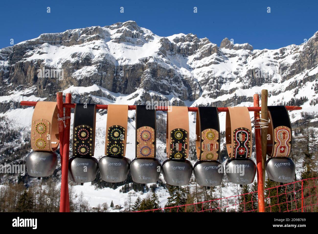Swiss cow bells are display as trophies prior to the annual cow fighting in the Flaschen snow arena near Albinen, Switzerland, on March 16, 2019. Stock Photo
