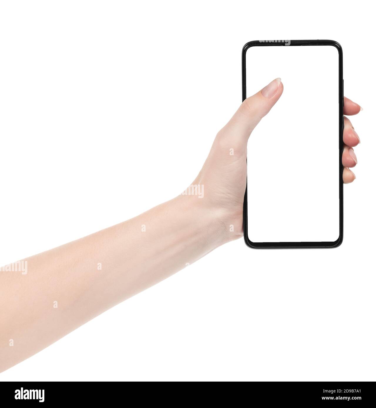 Woman hand holding the black new smartphone with blank screen isolated white background. hands using phone clipping path Stock Photo