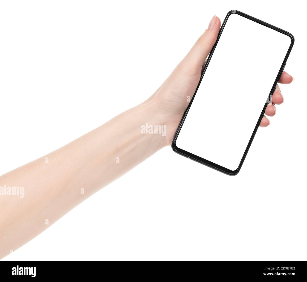 Woman hand holding the black new smartphone with blank screen isolated ...