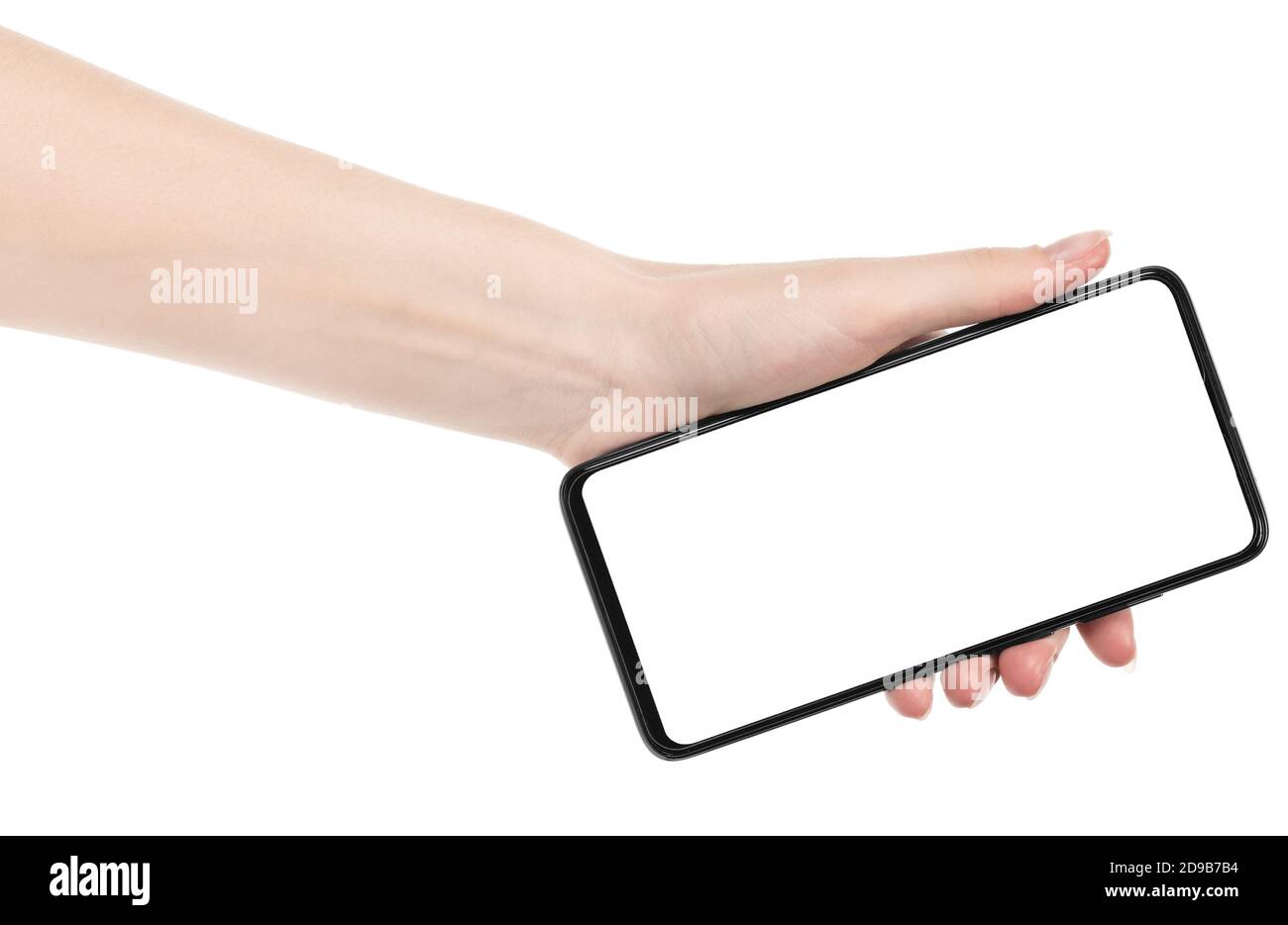 Woman hand holding the black new smartphone with blank screen isolated white background. hands using phone clipping path Stock Photo