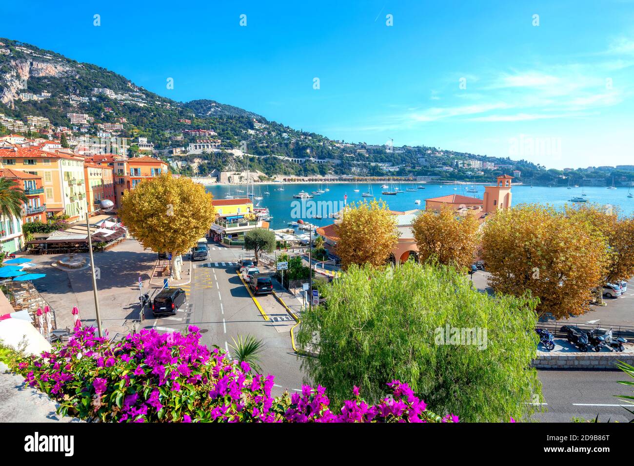 Scenic view of resort village Villefranche sur Mer on Mediterranean sea. French Riviera, Cote d'Azur, France Stock Photo