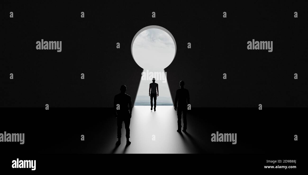 Man getting out of dark room trough keyhole shape doorway. Abstract business concept 3d render 3d illustration Stock Photo