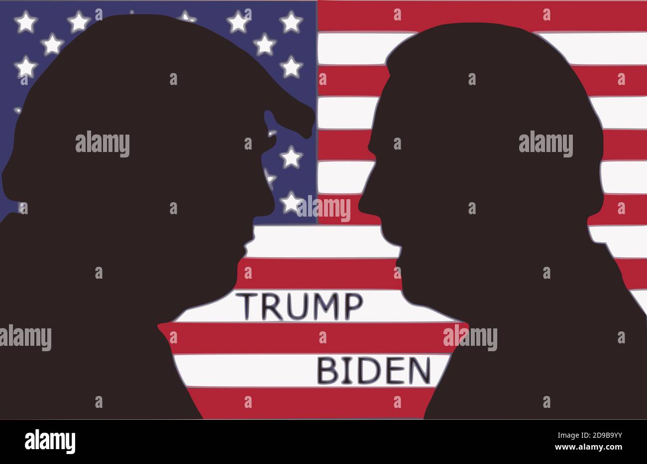 Future president of the USA. Silhouettes of Donald Trump and Joe Biden in front of the American flag. Presidential candidates on the American flag. Stock Photo