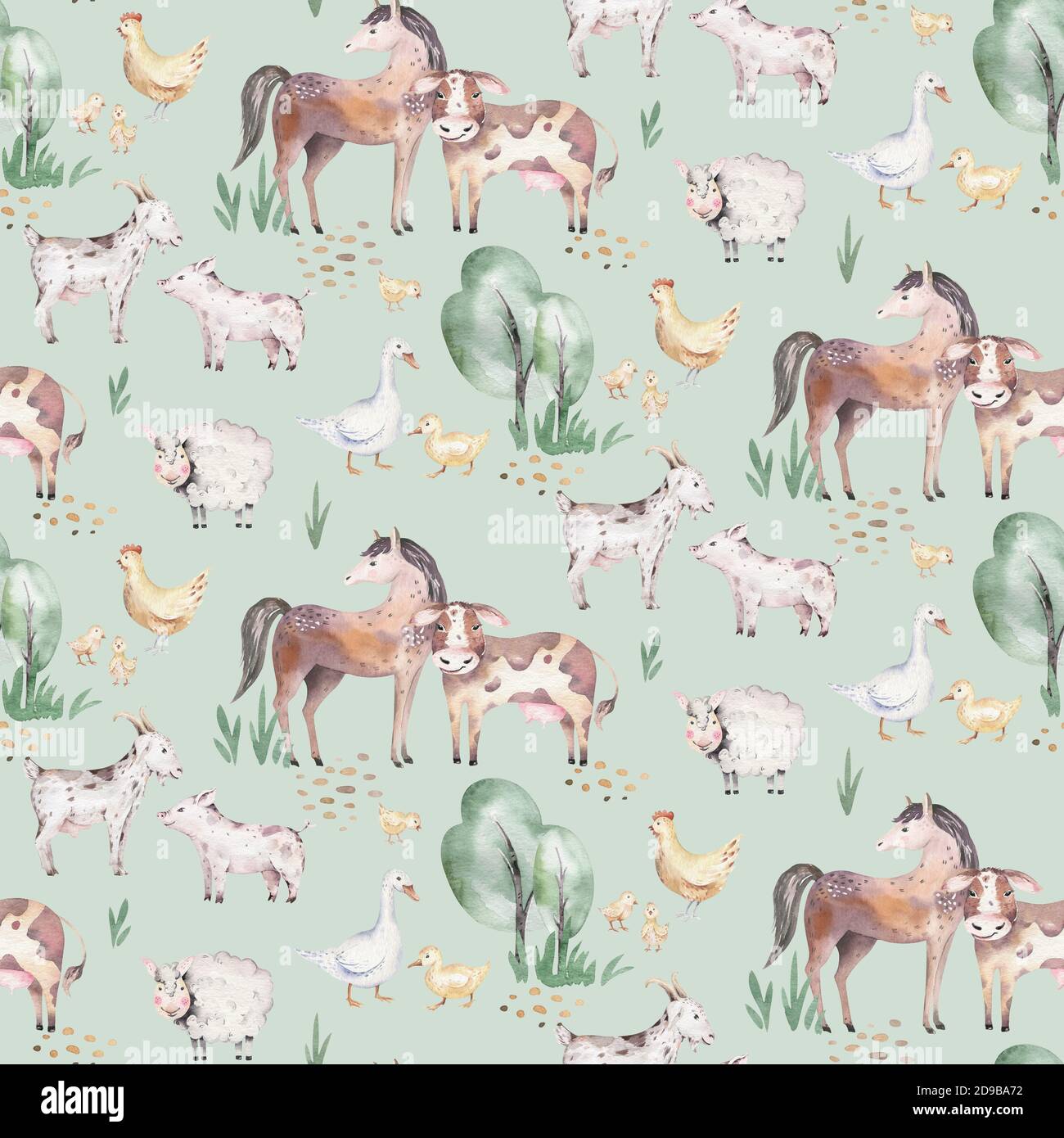 Watercolor seamless pattern with cute farm animals with goat, horse ...