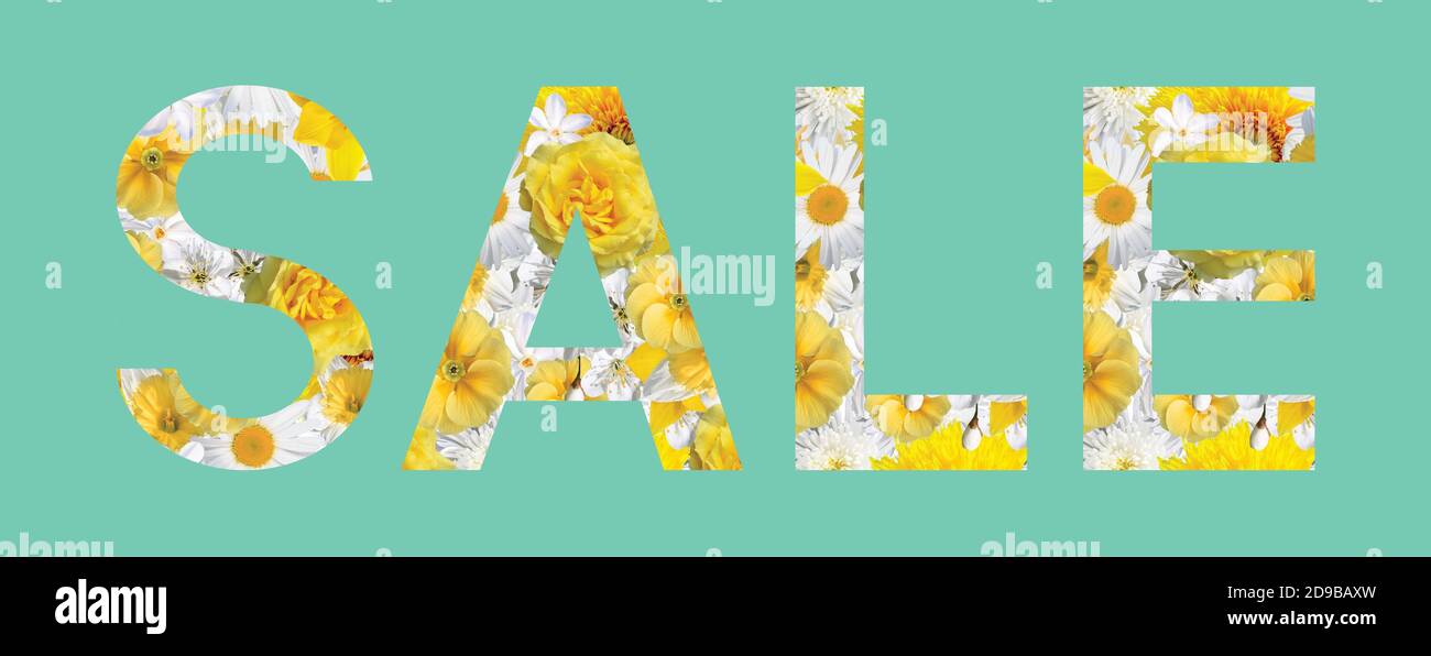 Sale sign made from flowers. Collage with flowers. Text: sale ...