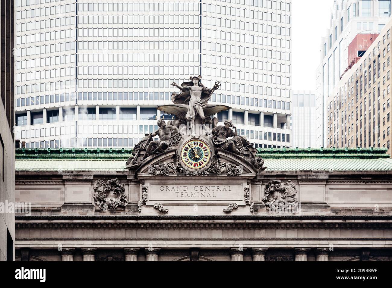 NEW YORK, USA - May 02, 2016: Grand Central Station in New York. Iconic statue of the Greek God Mercury that adorns the south facade of Grand Central Stock Photo