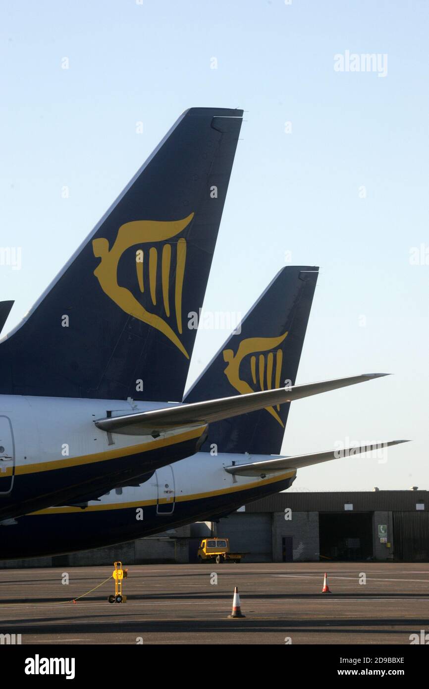 Ryanair tailfins at Glasgow Prestwick Airport Stock Photo