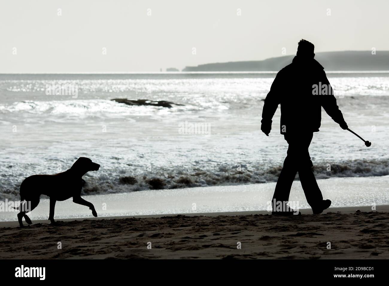 Walking a dog on a February morning on the beach at Branksome Chine in Poole in Dorset . 24 February 2015. Photo: Neil Turner Stock Photo