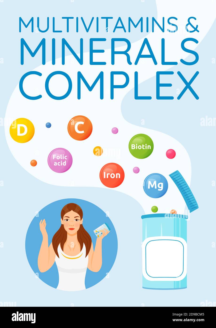 Multivitamins and minerals complex poster flat vector template Stock