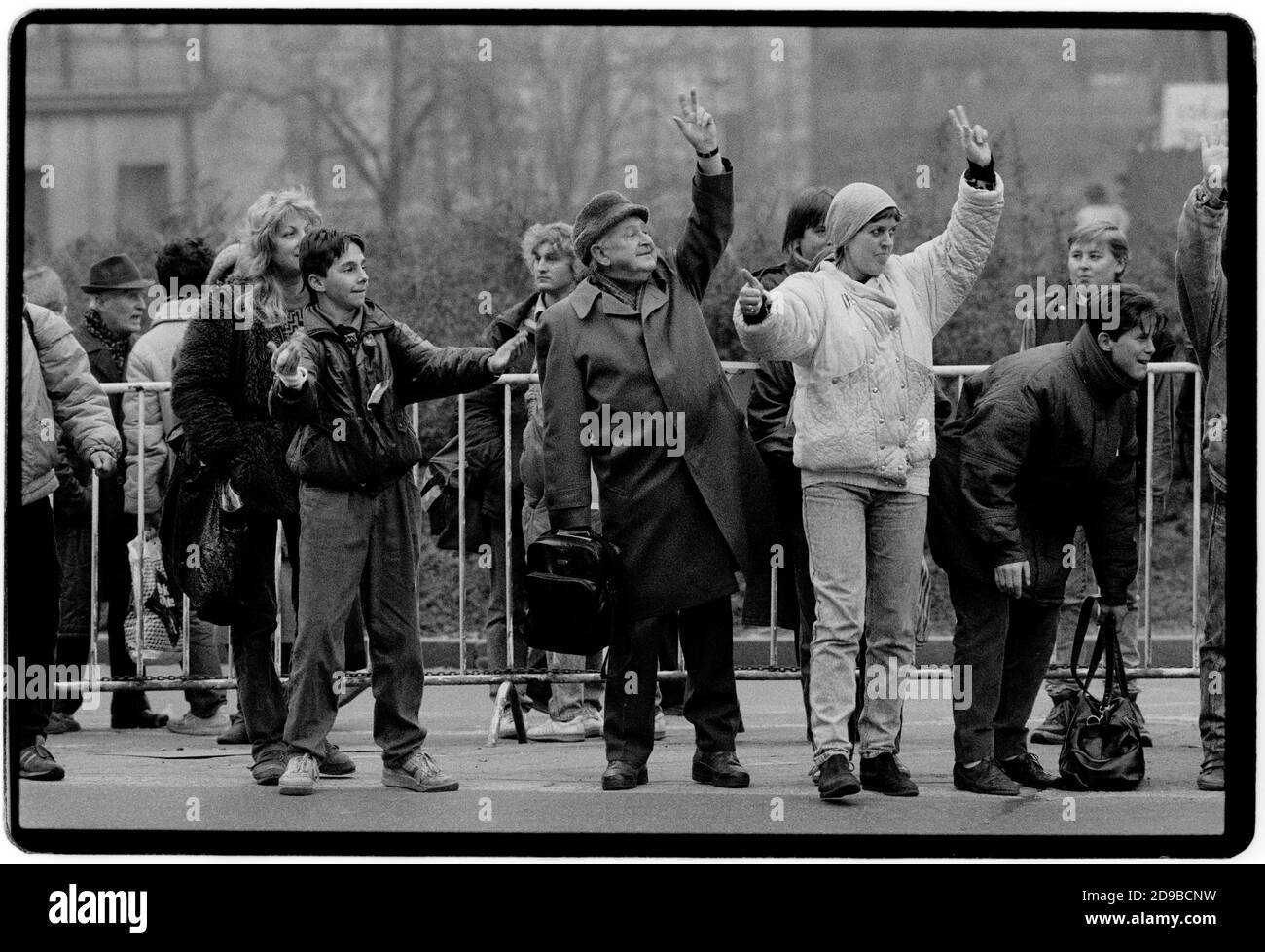 Czechoslovakia Velvet Revolution Prague November 1989 Scanned in 2020 Celebrating and supporting the thousands of protesters in Wenceslas Square during the Velvet Revolution. Wikipedia: The Velvet Revolution (Czech: sametová revoluce) or Gentle Revolution (Slovak: nežná revolúcia) was a non-violent transition of power in what was then Czechoslovakia, occurring from 17 November to 29 December 1989. Popular demonstrations against the one-party government of the Communist Party of Czechoslovakia included students and older dissidents. The result was the end of 41 years of one-party rule in Czecho Stock Photo