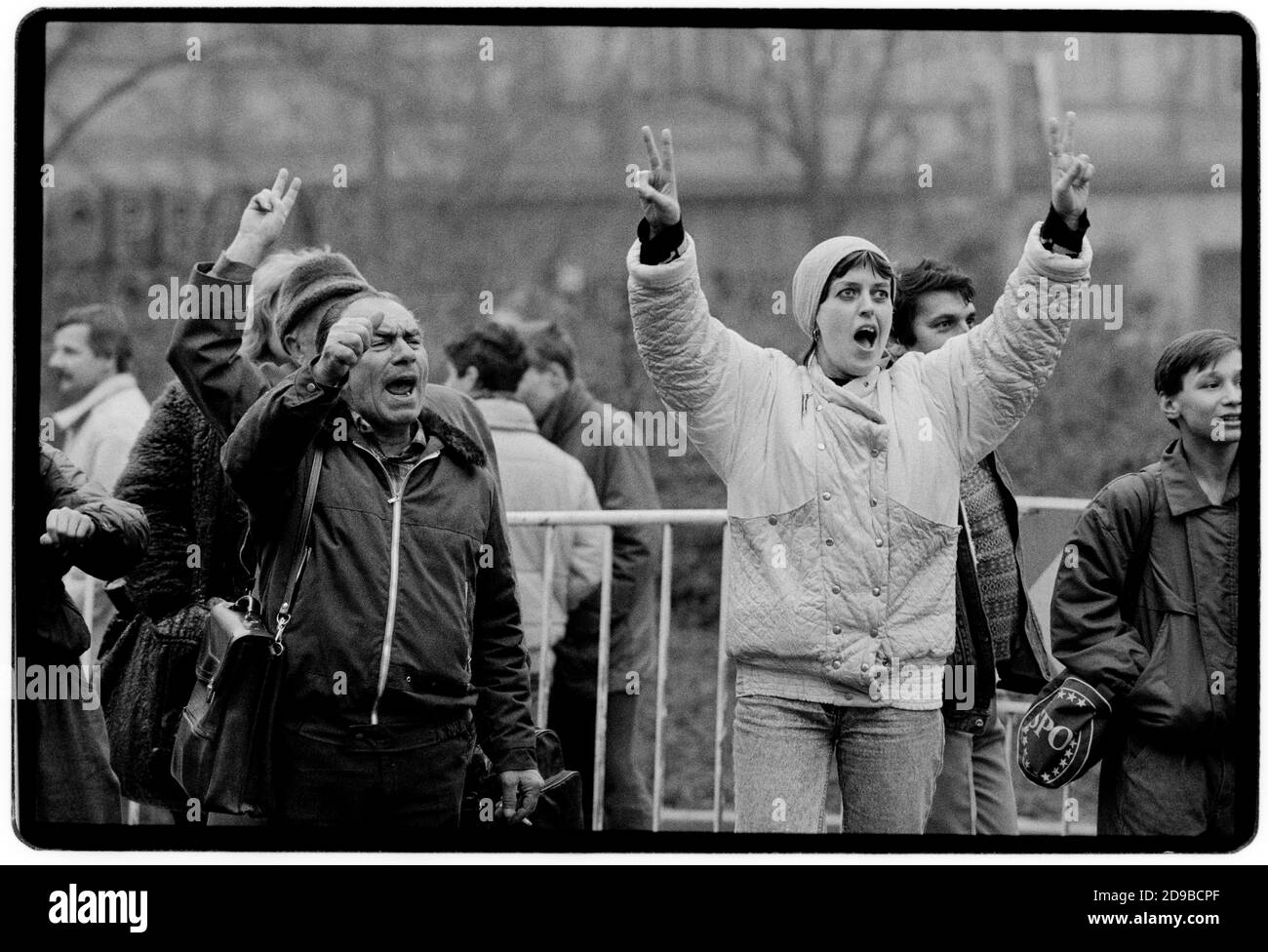 Czechoslovakia Velvet Revolution Prague November 1989 Scanned in 2020 Celebrating and supporting the thousands of protesters in Wenceslas Square during the Velvet Revolution. Wikipedia: The Velvet Revolution (Czech: sametová revoluce) or Gentle Revolution (Slovak: nežná revolúcia) was a non-violent transition of power in what was then Czechoslovakia, occurring from 17 November to 29 December 1989. Popular demonstrations against the one-party government of the Communist Party of Czechoslovakia included students and older dissidents. The result was the end of 41 years of one-party rule in Czecho Stock Photo