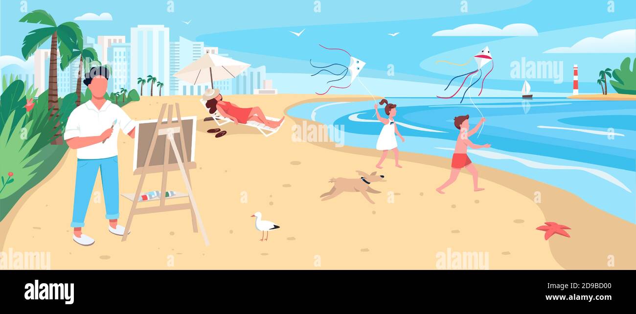 Artist painting at exotic sandy beach flat color vector illustration ...