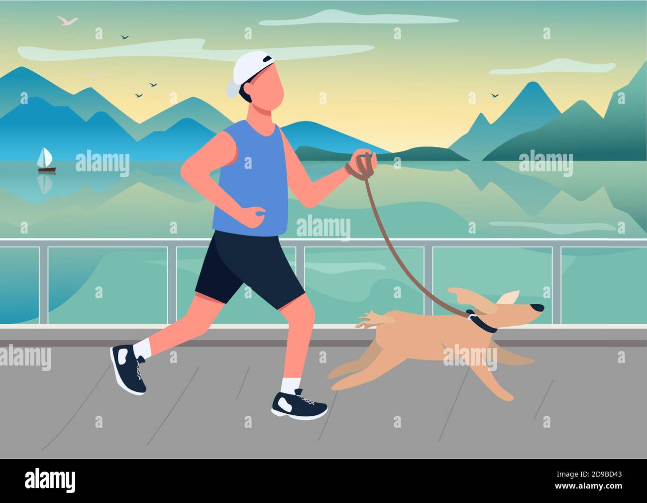 Man running with dog on seafront flat color vector illustration Stock Vector
