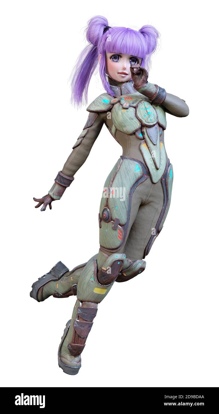 3D rendering of an anime teenager girl with purple hair in an astronaut  suit isolated on white background Stock Photo - Alamy