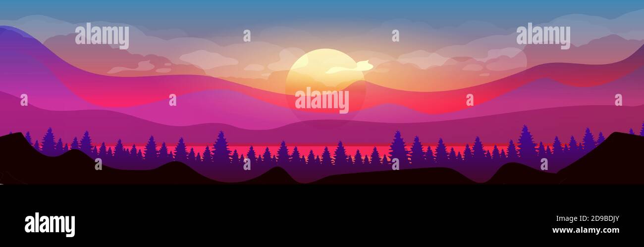 Sunset in mountains flat color vector illustration Stock Vector Image ...