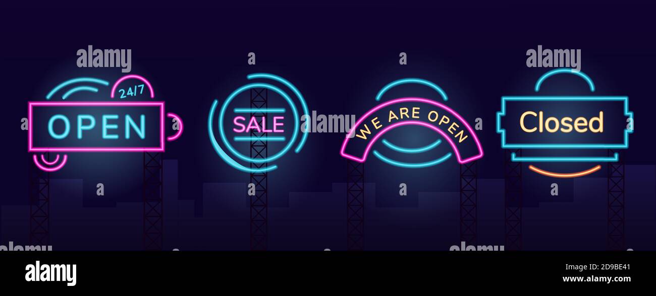Storefront vector neon light board sign illustrations set Stock Vector