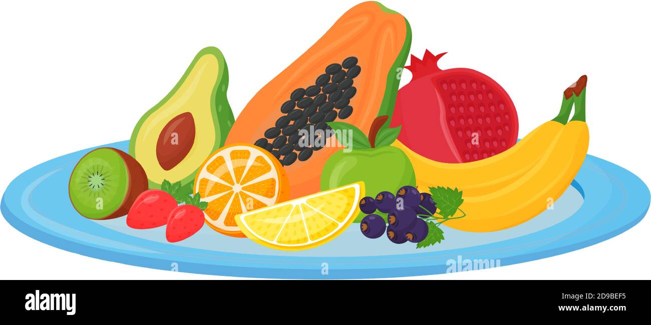 Fresh fruits on plate cartoon vector illustration Stock Vector Image