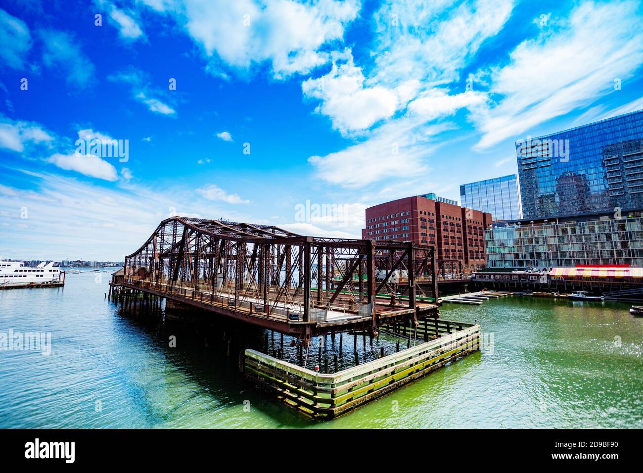 View of Old Northern Ave Bridge over fort point channel in Boston
