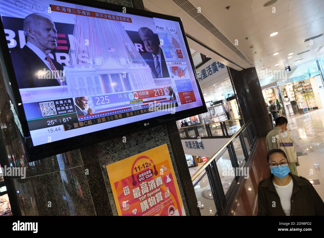 A screen broadcasts the live news report of the US Presidential elections at a shopping mall. Stock Photo