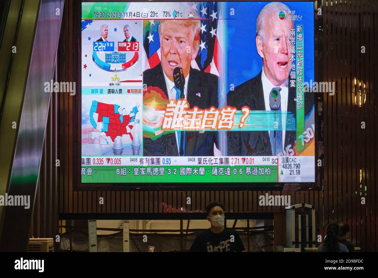 A public screen on Hong Kong street broadcasts presidential candidates Joe Biden and Donald Trump during a live news report of the US Presidential elections. Stock Photo