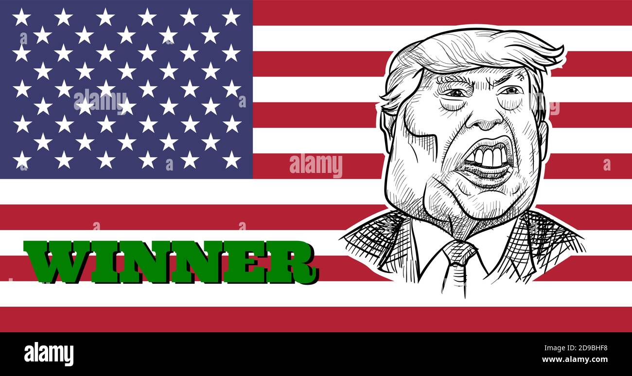 Nov 4, 2020, Bangkok, Thailand: Caricature drawing portrait of Republican Donald Trump, the winner for American President Election 2020, on US flag. Stock Vector