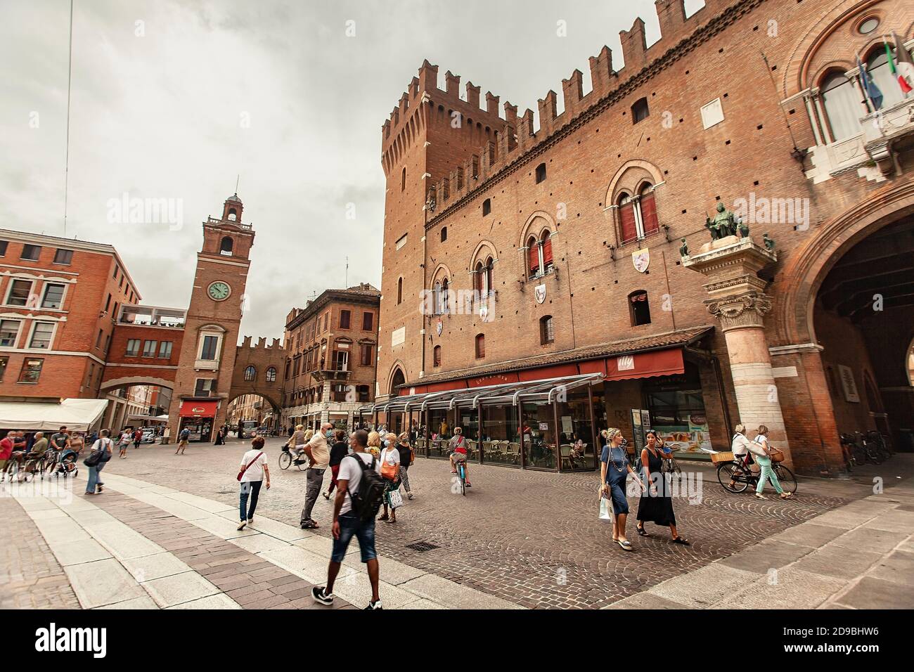 FERRARA, ITALY 29 JULY 2020 : Piazza del municipio in Ferrara in Italy a famous square in the city full of people Stock Photo