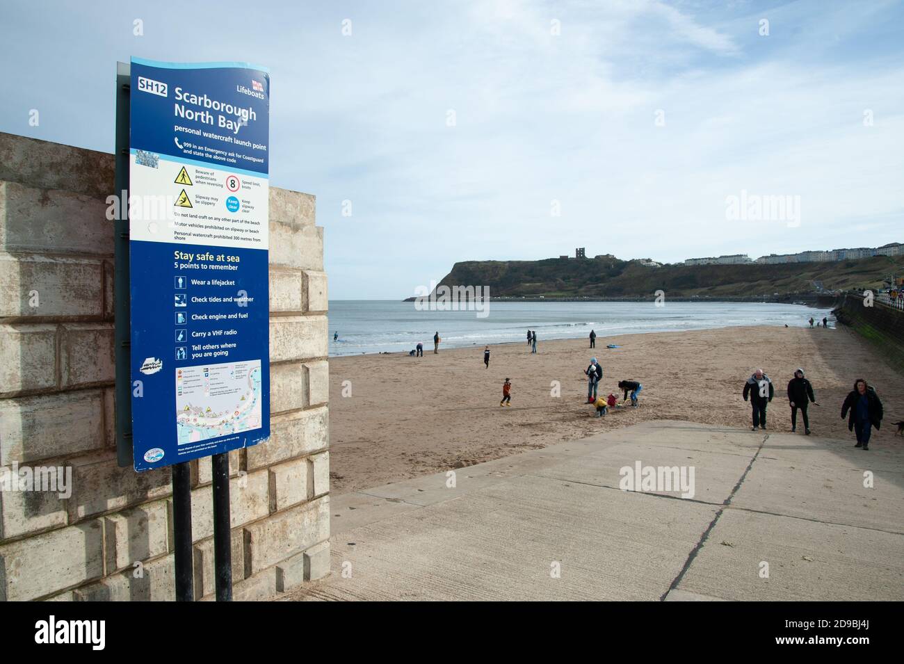 Information sign at the entrance to the beach, Scarborough North Bay, Yorkshire, England Stock Photo