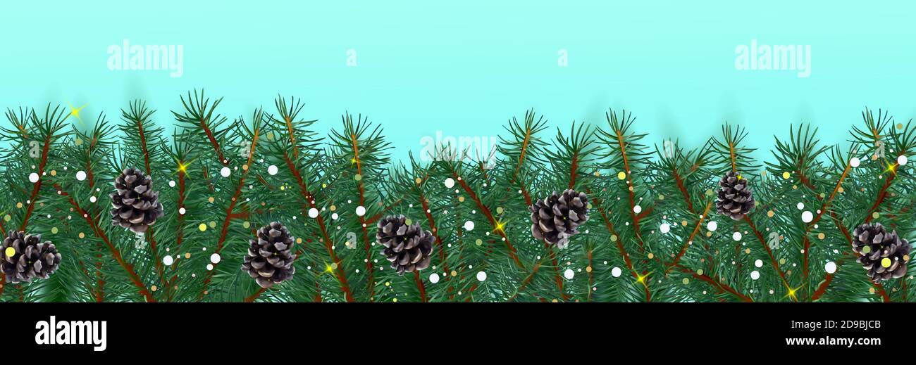 Christmas border with conifer branches and pine cones on blue ...