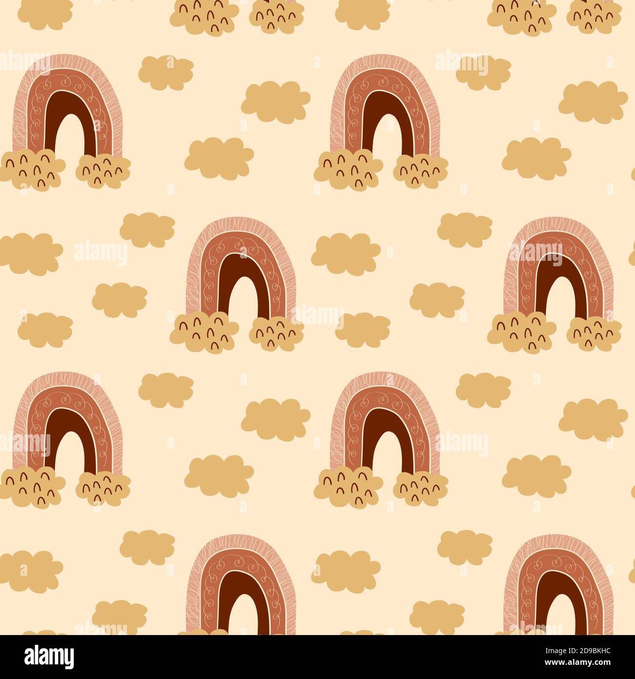 Seamless pattern with boho hand drawn rainbows and clouds on golden ...