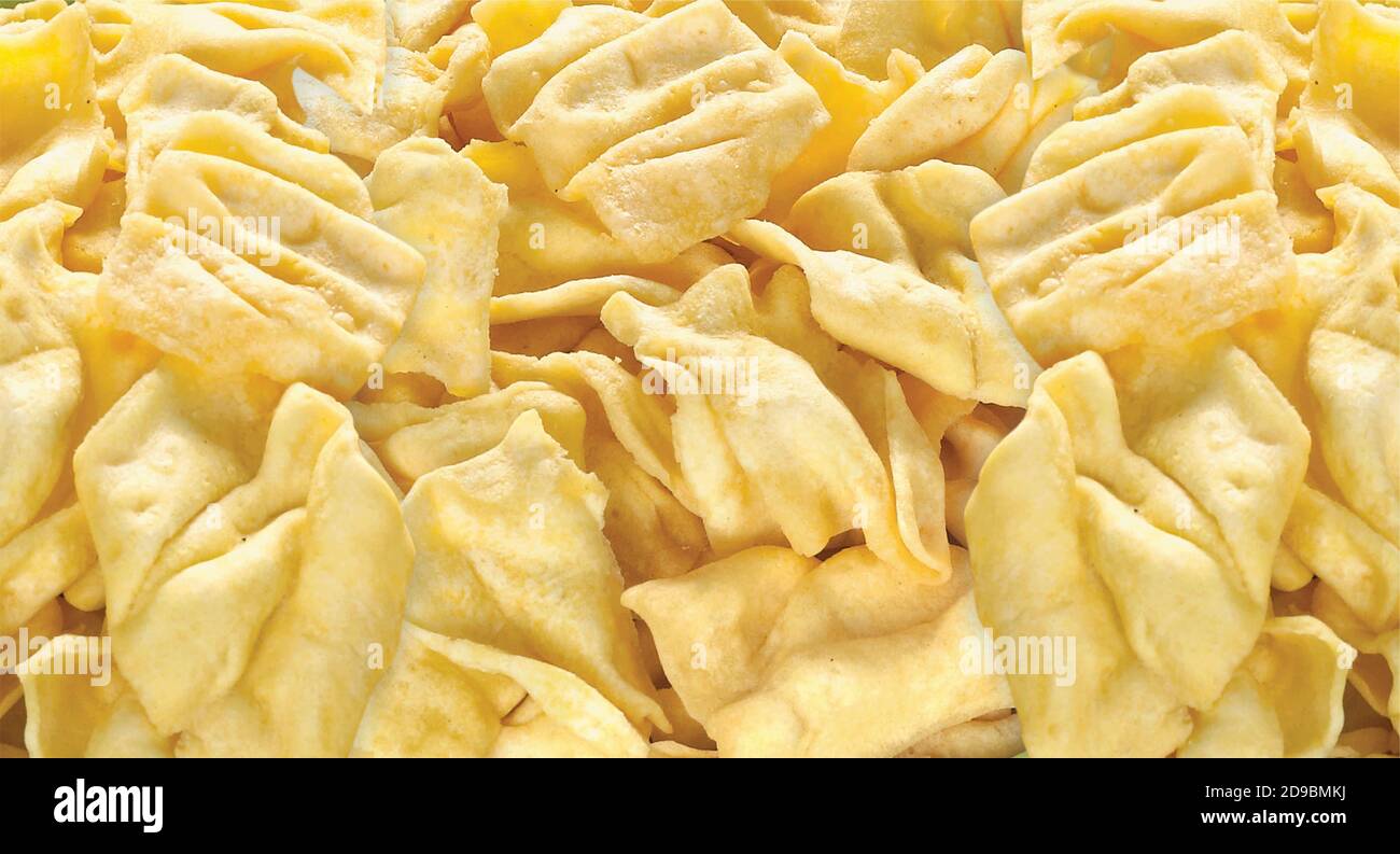 Papdi Gathiya or gathia, ganthia, ganthiya, papadi, Fafada is a very popular Gujarati snack, Pouch Packing Namkeen or namkin Common Street Food. Stock Photo