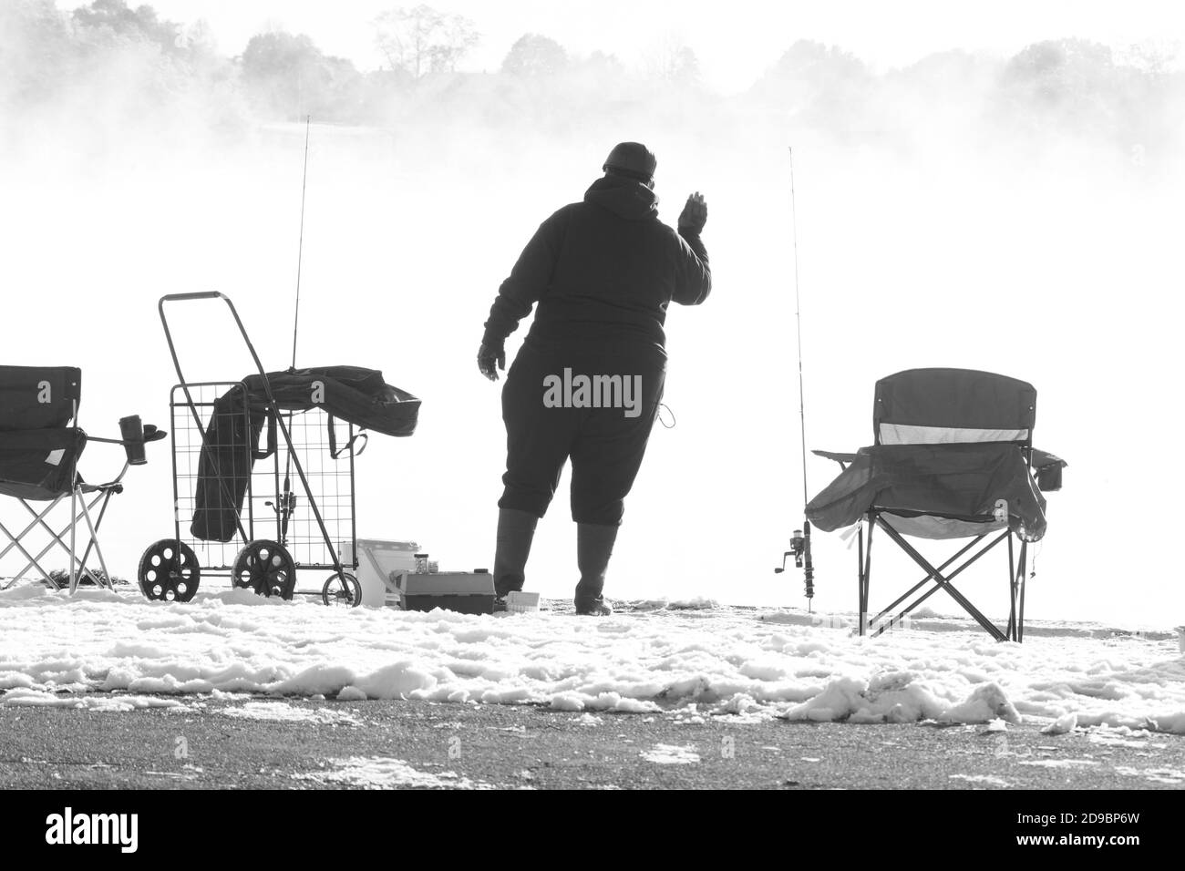 Fisherman in the Dawn Fog, New England, USA Stock Photo