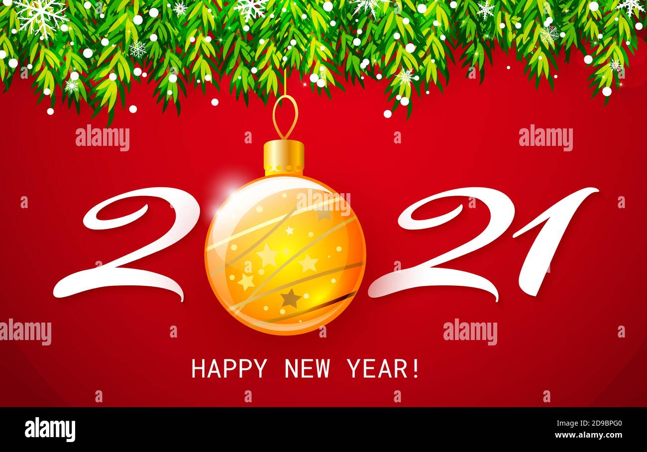 Merry Christmas and Happy New Year 2021 banner. Holiday vector illustration with Christmas tree branches and Christmas ball on red background Stock Vector